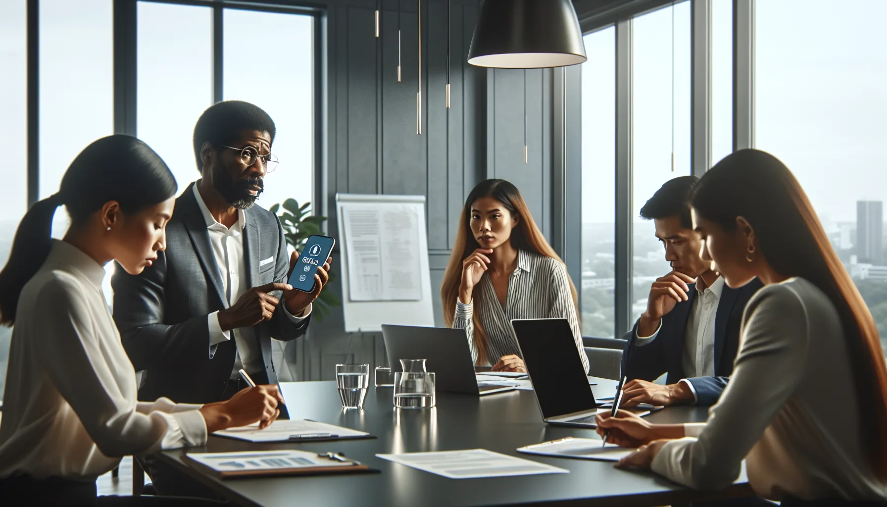 diverse professionals discussing phone call legitimacy in a modern office.